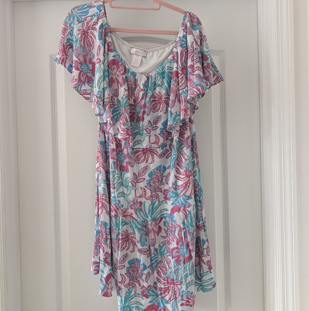 Women's Off The Shoulder Floral Ruffle Dress in Pink and Blue
